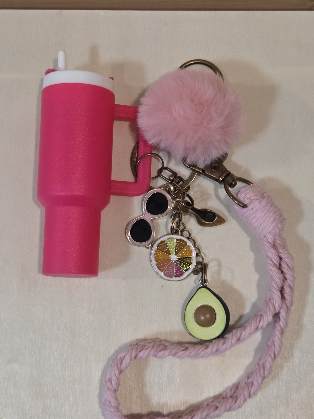 NWT ✨ Luxury Pink Tumbler Cup Multi Charm Keychain Macrame Wristlet ✨